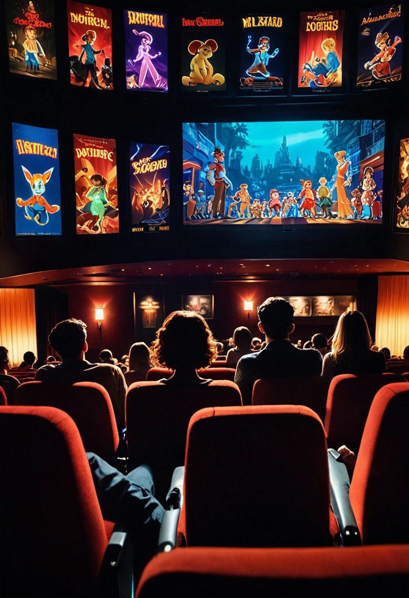 A dimly lit movie theater with soft glowing screens, showcasing animated characters in suggestive poses. The audience, diverse in age and appearance, sits captivated, reflecting various emotions ranging from intrigue to amusement. Movie posters on the walls hint at cultural controversies surrounding animated pornography. Subtle shadows and rich colors create a mysterious atmosphere, inviting a deeper exploration of the subject. super-realistic. vibrant colors. low-light setting.